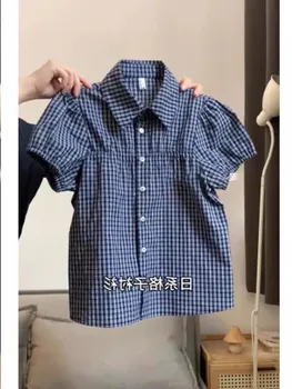 Japanese Plaid Puff Sleeve T Shirt and Cardigan Set Women Summer 2025 Casual Loose Fit Retro Blouse Vintage Sweet Girl Outfit 1