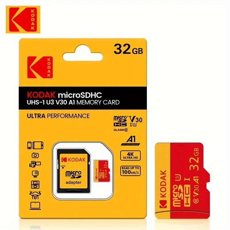 Kodak High-Speed MicroSDXC Card Adapter - 32GB-256GB, UHS-I U3 V30 A1, for Laptops, Smartphones, Surveillance and Dash Cams
