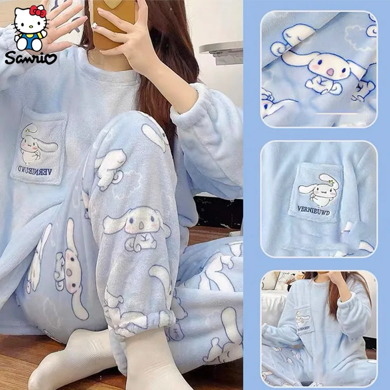 

Kawaii Sanrio Pajamas Cinnamoroll Pajama Pants Kuromi Homewear Winter Warm Clothing Set Coral Fleece Sleepwear Women Xmas Gifts