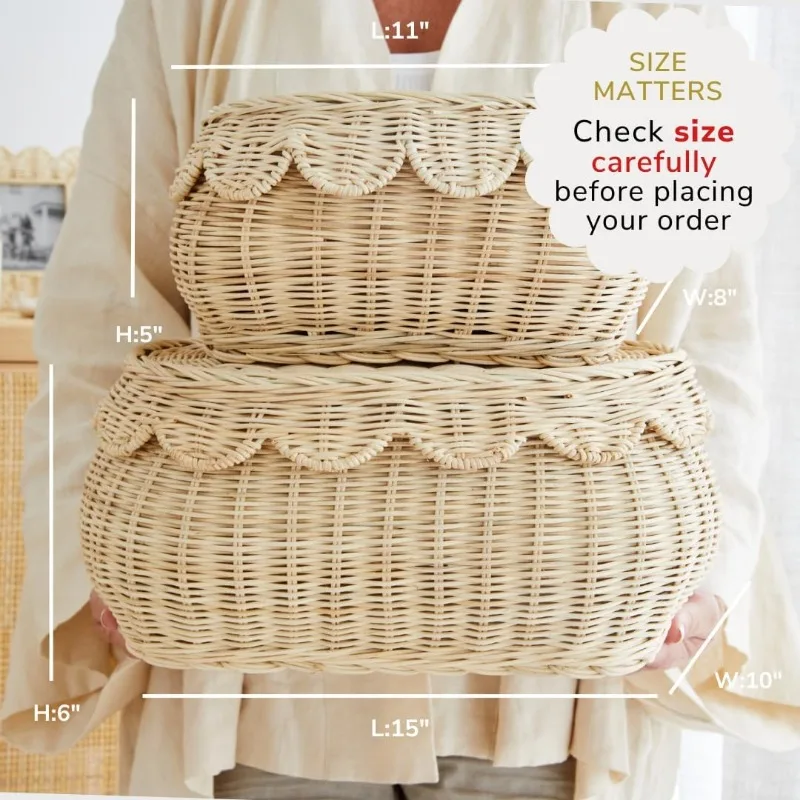 Hand Woven Rattan Basket Set-Small Scalloped Baskets-Round Wicker Basket Wicker Storage Rattan with Lid
