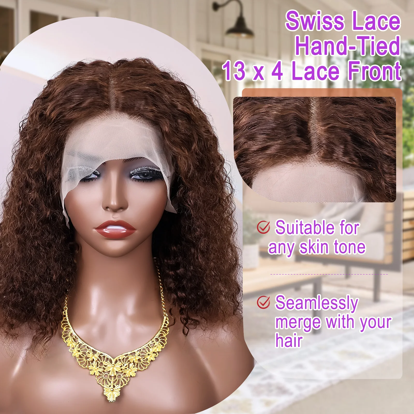 200% Dichte Schokoladenbraune Bob-Perücke Echthaar 13x4 Deep Wave Lace Front Perücken # 4-farbige lockige kurze Bob-Perücken mit Spitzenfront – Detail 8
