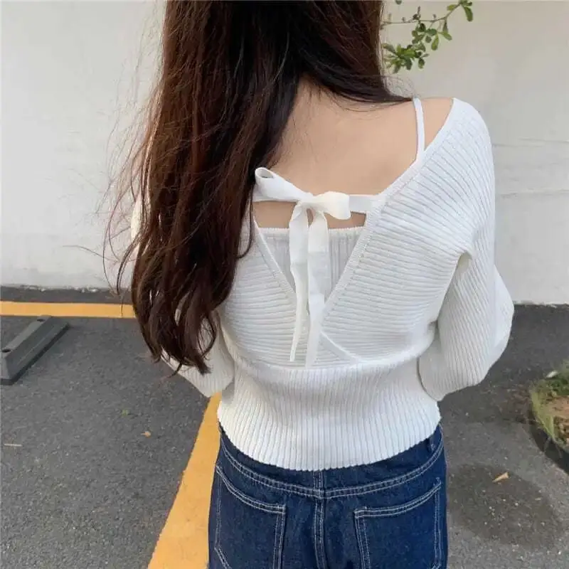 Innere Top Herbst und Winter 2025, neuer gefälschter zweiteiliger Pullover, sexy kurzer V-Ausschnitt, langärmeliger Pullover für Frauen – Detail 29