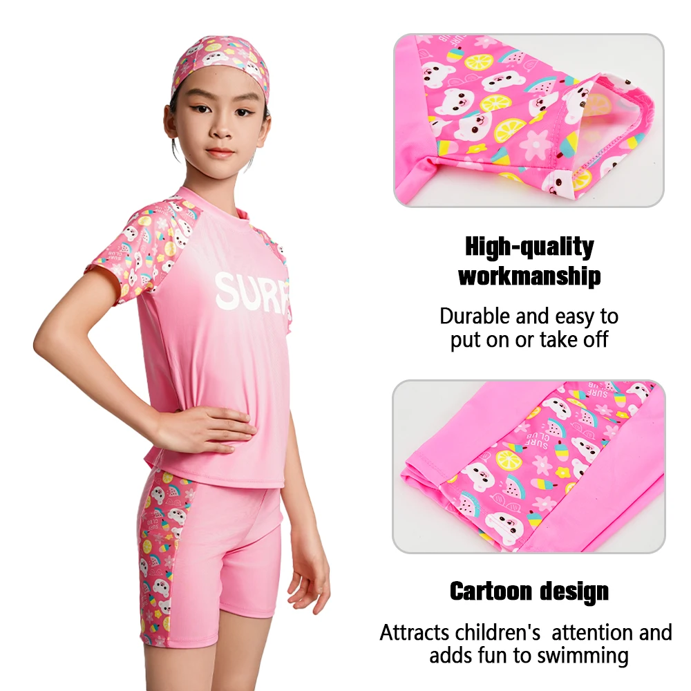 Cartoon Print Kids Girls Swimwear Girl Swimsuit Children Three-Piece Suits Split Design Suitable For Girl Beachwear with Hat