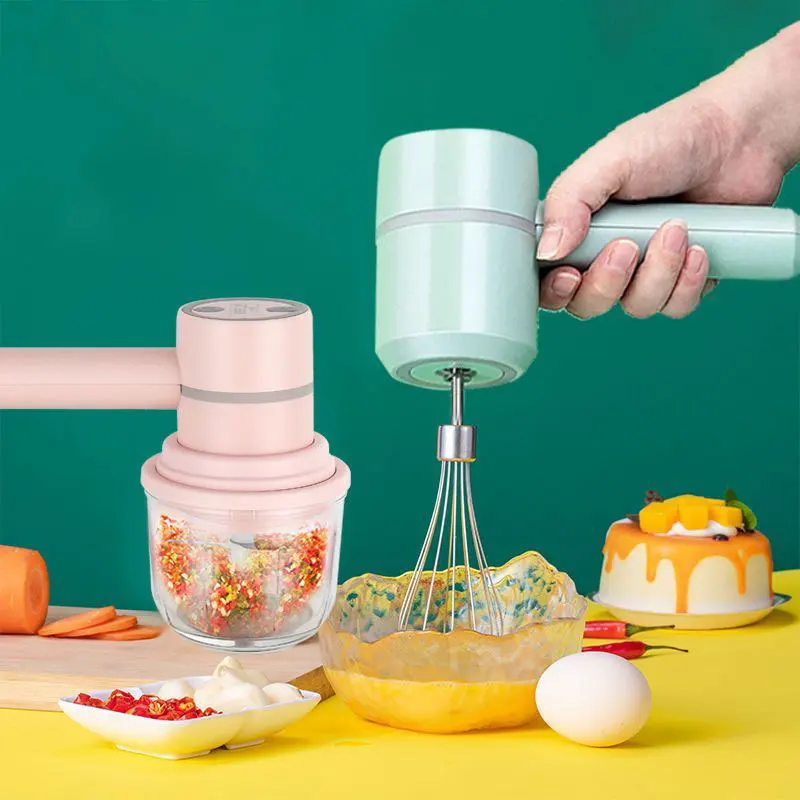 Garlic Chopper Food Mixer Handheld Blender USB 2 In 1 Wireless Electric Garlic Chopper Masher Whisk Egg Beater 3-Speed Control with 2 Mixing Rods Kitchen Handheld Frother