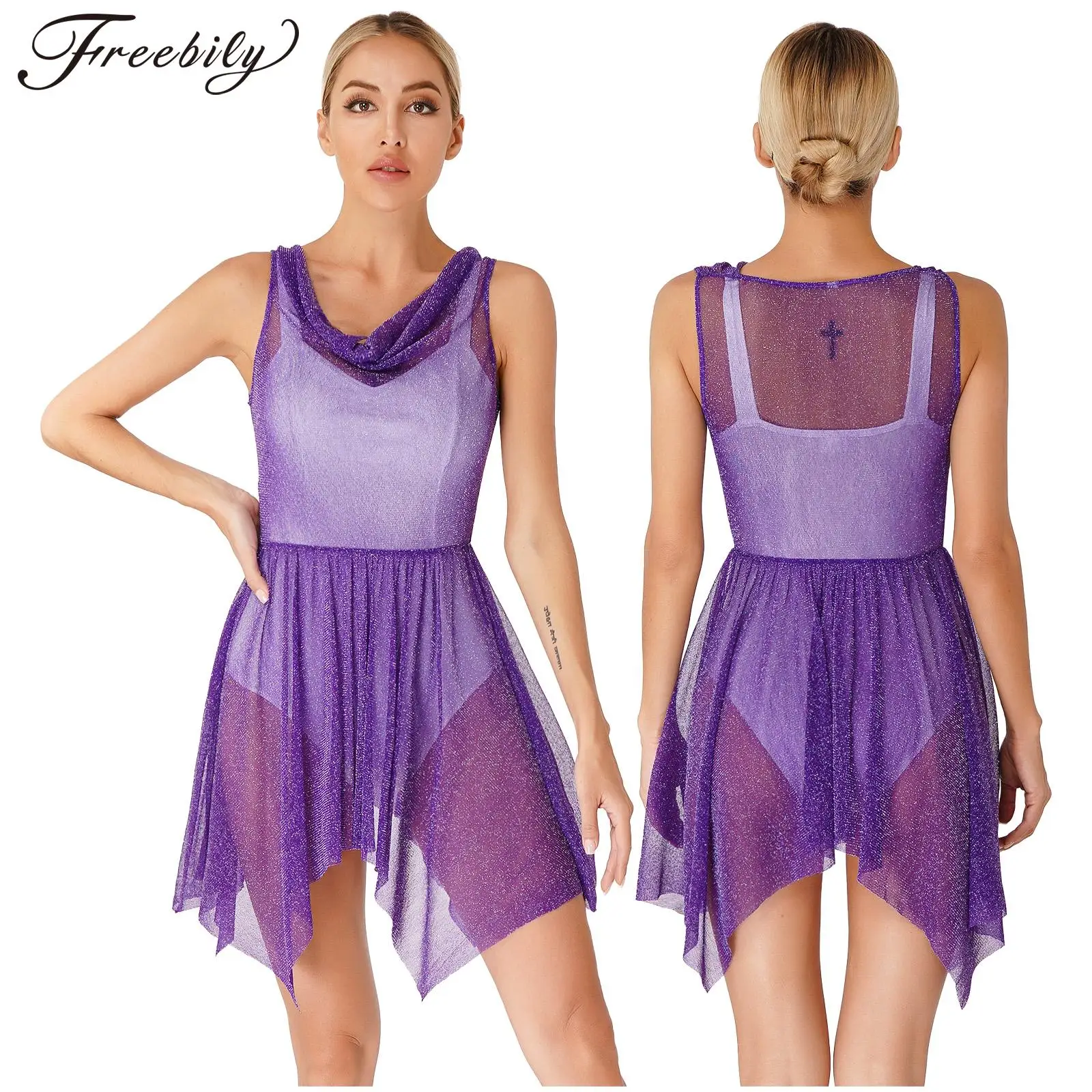 

Womens Modern Lyrical Dance Dress Sleeveless Glittery See-through Asymmetrical Hem Dresses Dancewear for Choir Ballroom Dance