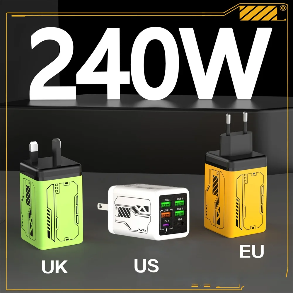 240W USB C Fast Charger 6 in 1 Fast Charging Adapter EU/US/UK Wall Charger 2PD + 4USB QC3.0 Charger for iPhone 16 Samsung Xiaomi