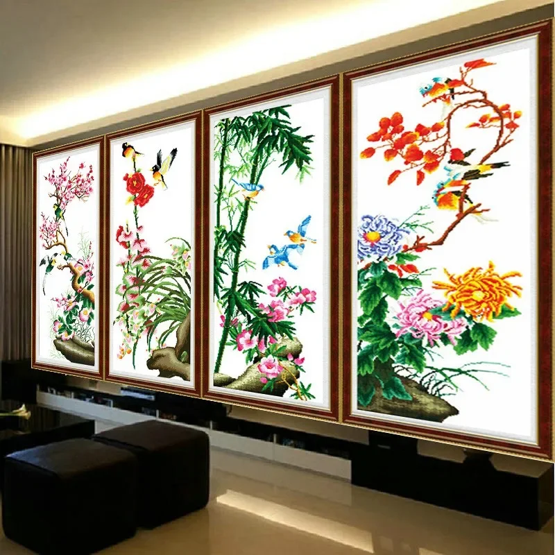 QIANZEHUI,Needlework,DIY Plum, orchid, bamboo, chrysanthemum Cross stitch,Sets For Embroidery kits, Counted Cross-Stitching