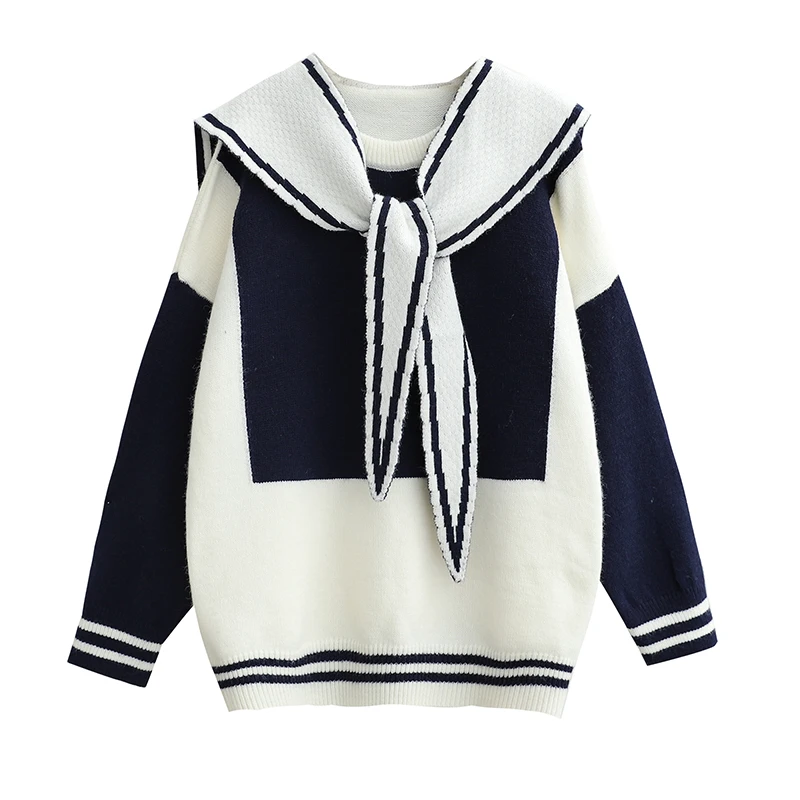 Retro Sailor Collar Contrast Color Sweater Coat Women's Autumn and Winter New Loose Large Lapel Sweater pink sweater Sweaters