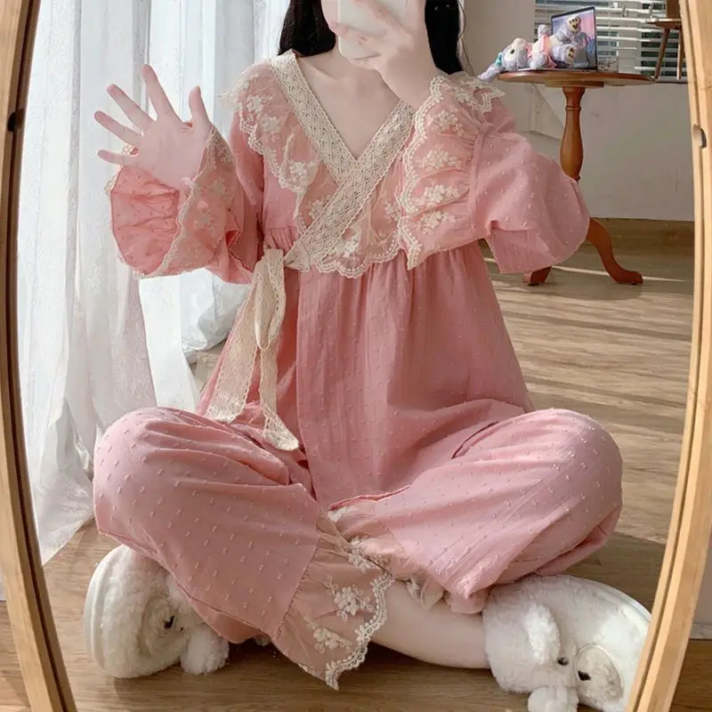 Sleepwear Women Autumn Kawaii Clothes Pajamas Set Lace Cotton Pajamas V-neck Long-sleeved Long Pants Two-piece Set Ruffle