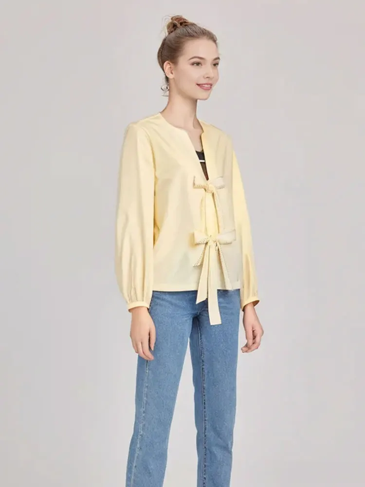 HH Women Fashion Bow Lace-up Blouse Loose Casual V Neck Single Breasted Long Sleeve Shirt Elegant Woman Yellow Chic Tops