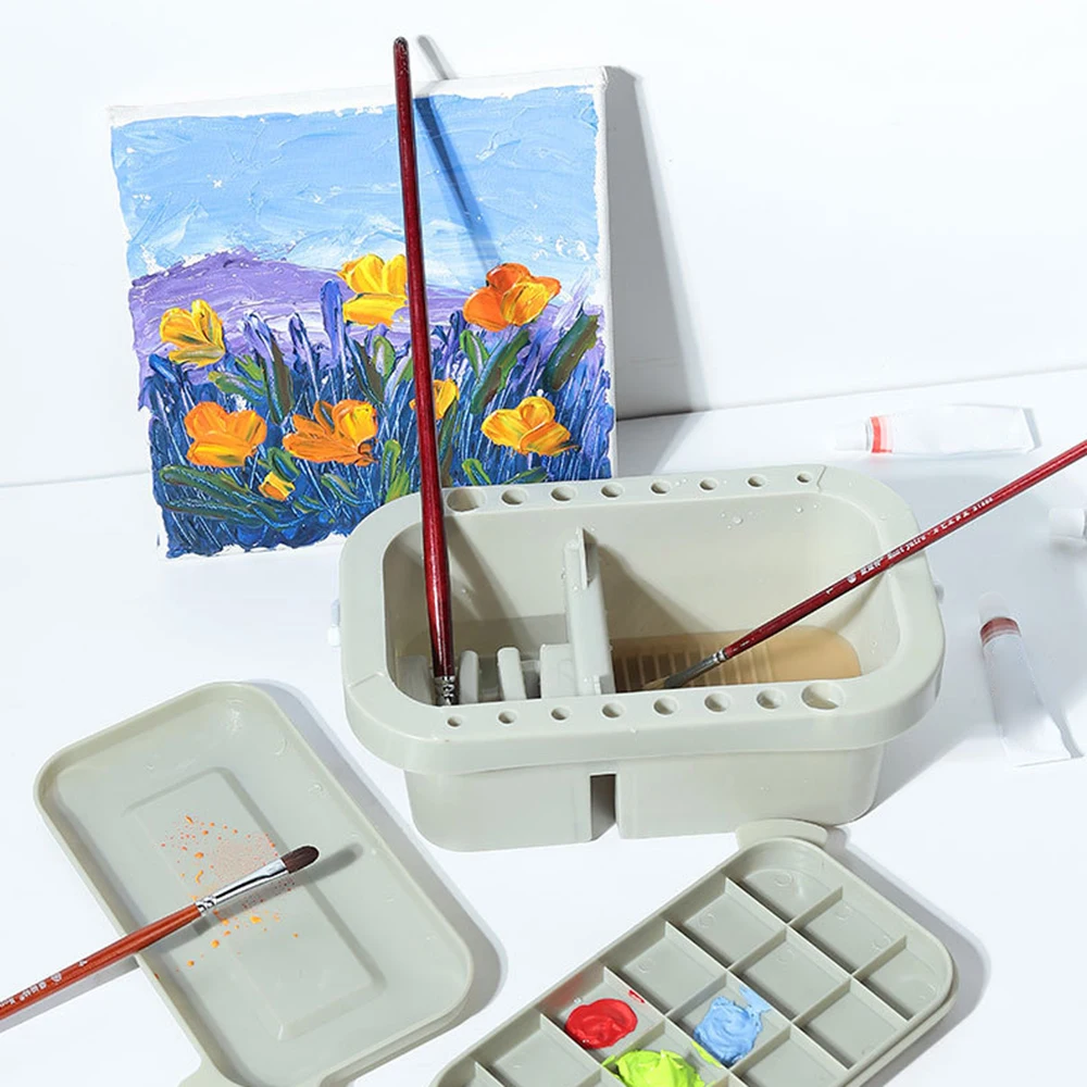 16 Hole Multi-Function Paint Brush Washer Cleaner and Holder 18 Palette Wells Lid Plastic for Cleaning Acrylic Watercolor
