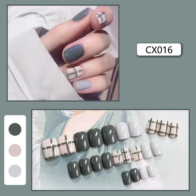 24pcs/box Fake Nails Press on Short Reusable with Designs Set French Artificial Pink False Tipsy Stick-on Nails Tips Art CX016