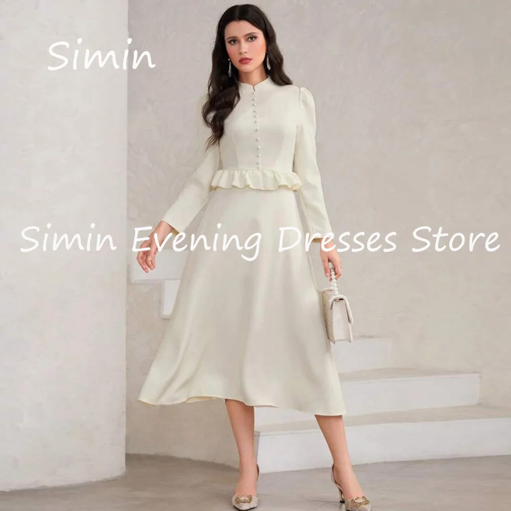 

Simin Satin A-line O-neck Popular Ruffle Saudi Formal Prom Gown Tea-length Arab Evening Elegant Party dresses for women 2023