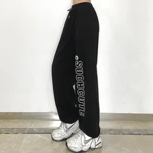 

WeiYao Workout Sweatpants Baggy Letter Printed Black Fashion Vintage Dark Pants Elastic Waist Fitness Joggers Women Harajuku