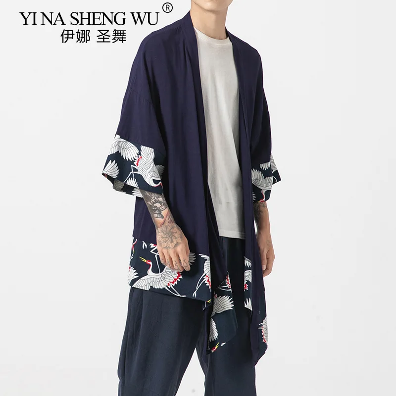 Japanese Kimono Cardigan Men Haori Yukata Samurai Costume Jacket Long Shirt