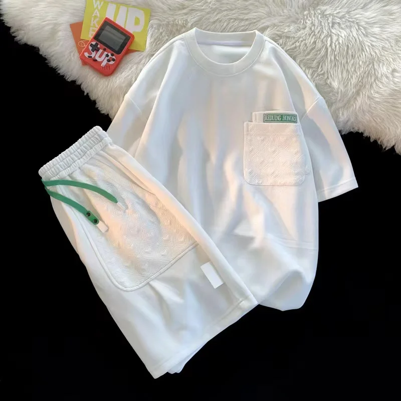 2024 Summer New Men's Hong Kong Style Leisure Fashion Set Thin Loose Breathable Short Sleeve Shorts Sports Set Two Piece Set 5