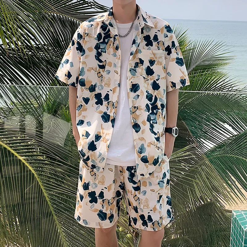 

Summer Men Printing Sets Oversized Shirt and Shorts Thin Soft Casual Clothing Single Pocket Leisure Suit Man