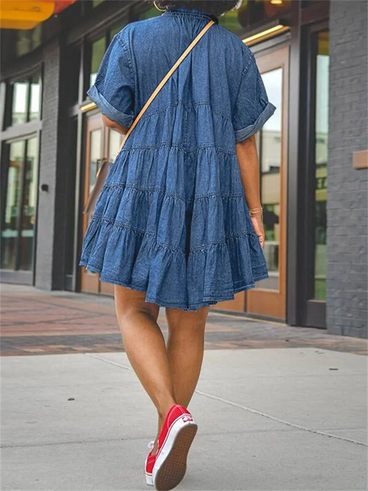 Wmstar Plus Size Denim Dresses Women Elegant Casual Loose Short Sleeve Summer Midi Dress Wholesale Dropshipping New Style