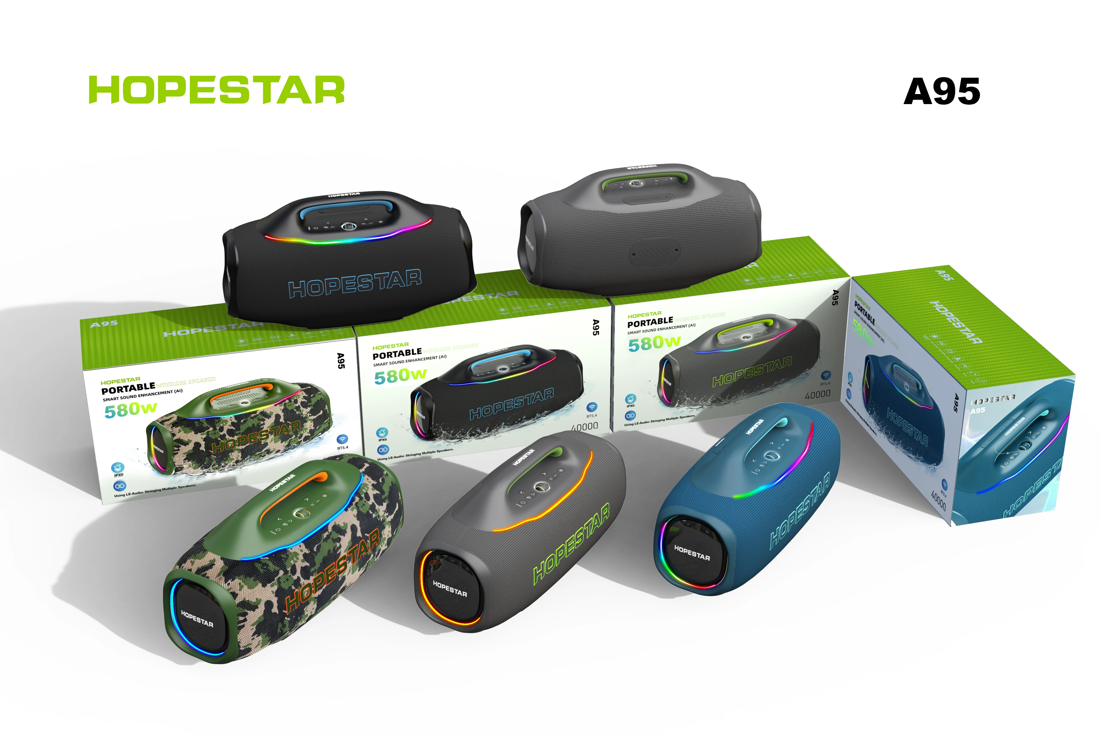 HOPESTAR A95 580W 휴대용 블루투스 스피커 (UHF 무선 마이크 포함) 40000mAh 배터리 야외용 붐박스 (RGB 조명 및 AuraCast 기능 탑재)