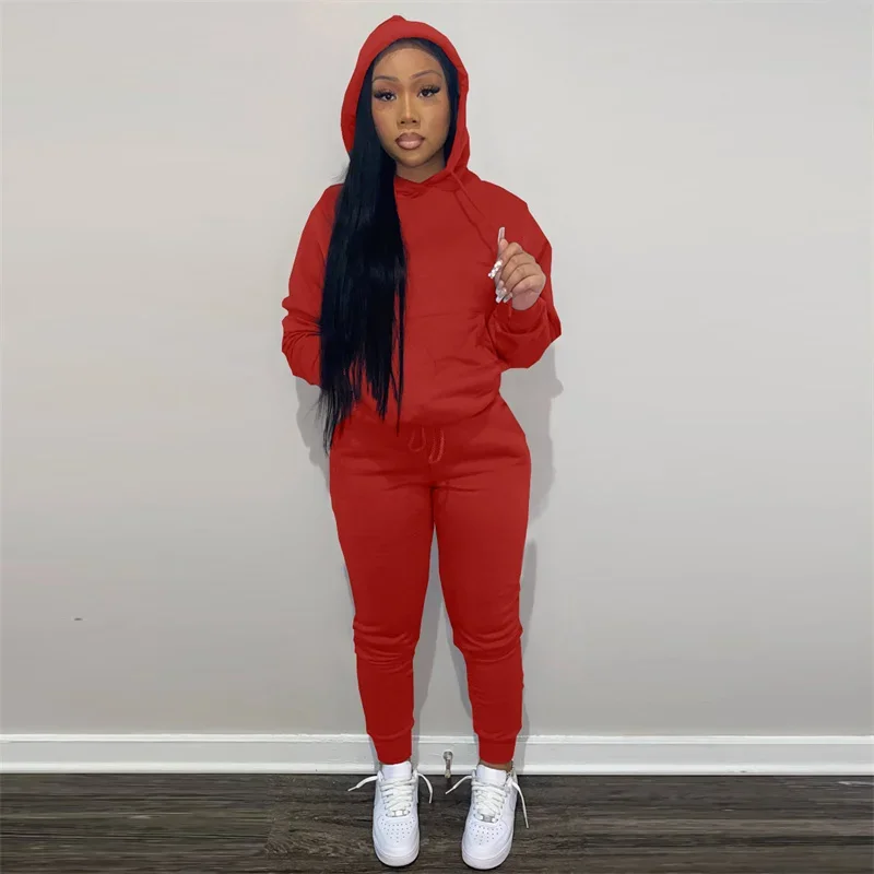 Autumn Winter Women Sports Set Kangaroo Pouch Splicing Hooded Sweatshirt Elasticated Waist Lace-Up Pencil Pants Two Piece Suits
