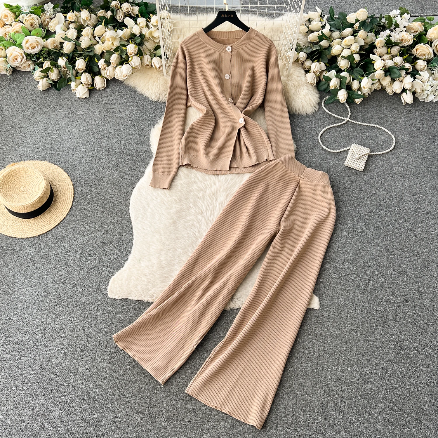

VANOVICH Vintage Solid Color Long Sleeve Single-breasted Cardigan Knitting Casual High Waist Wide Legs Long Pants Two-piece Set