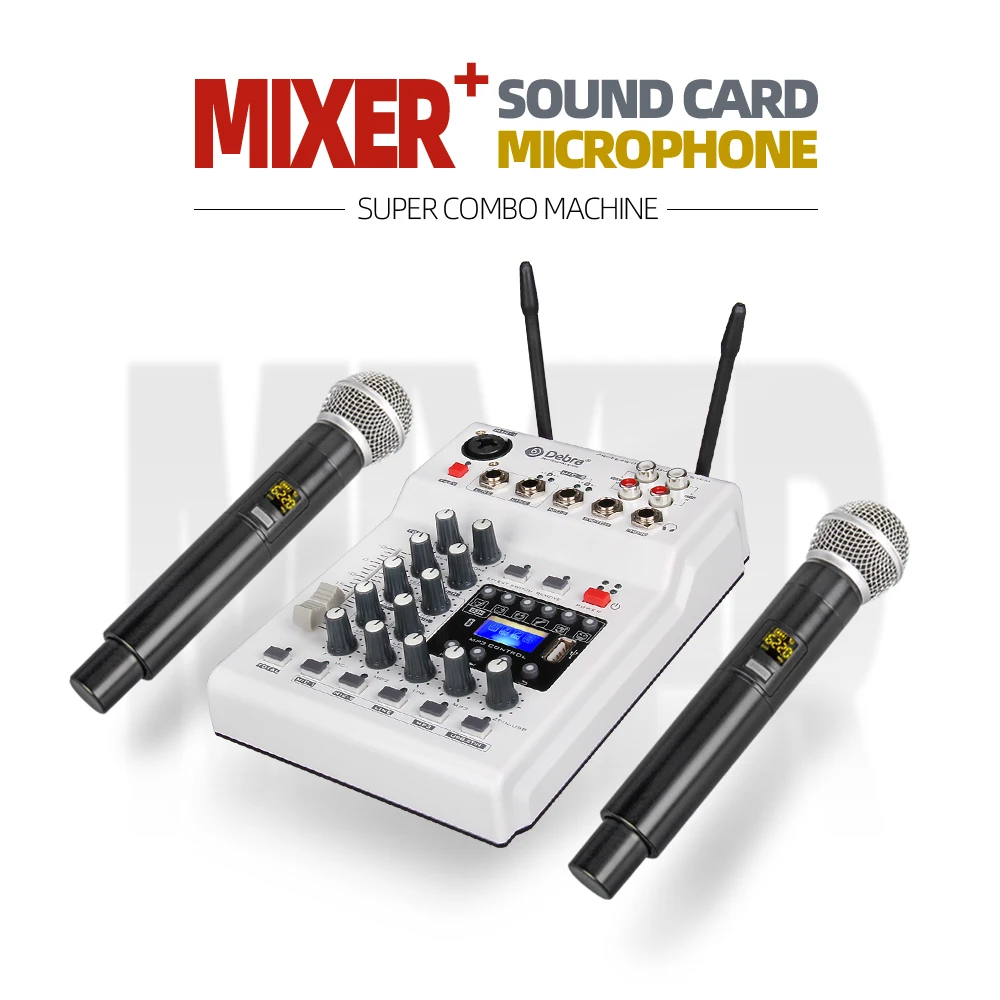 Audio MM-02  DJ Mixer Console With UHF 2  Wireless Microphones with 48V Phantom