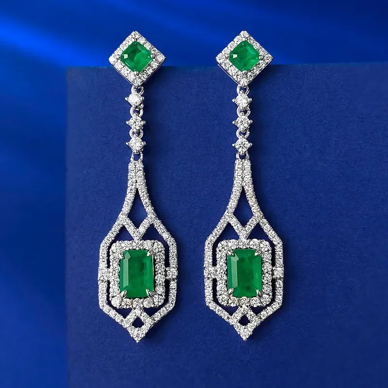 

Vintage Emerald Diamond Dangle Earring 100% Real 925 Sterling Silver Wedding Drop Earrings for Women Bridal Jewelry Gift