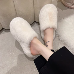 Wool Cotton Slippers Women Baotou 2022 Autumn and Winter New Fashion Solid Color Thick Bottom Warm Home Flat Shoes Women’s