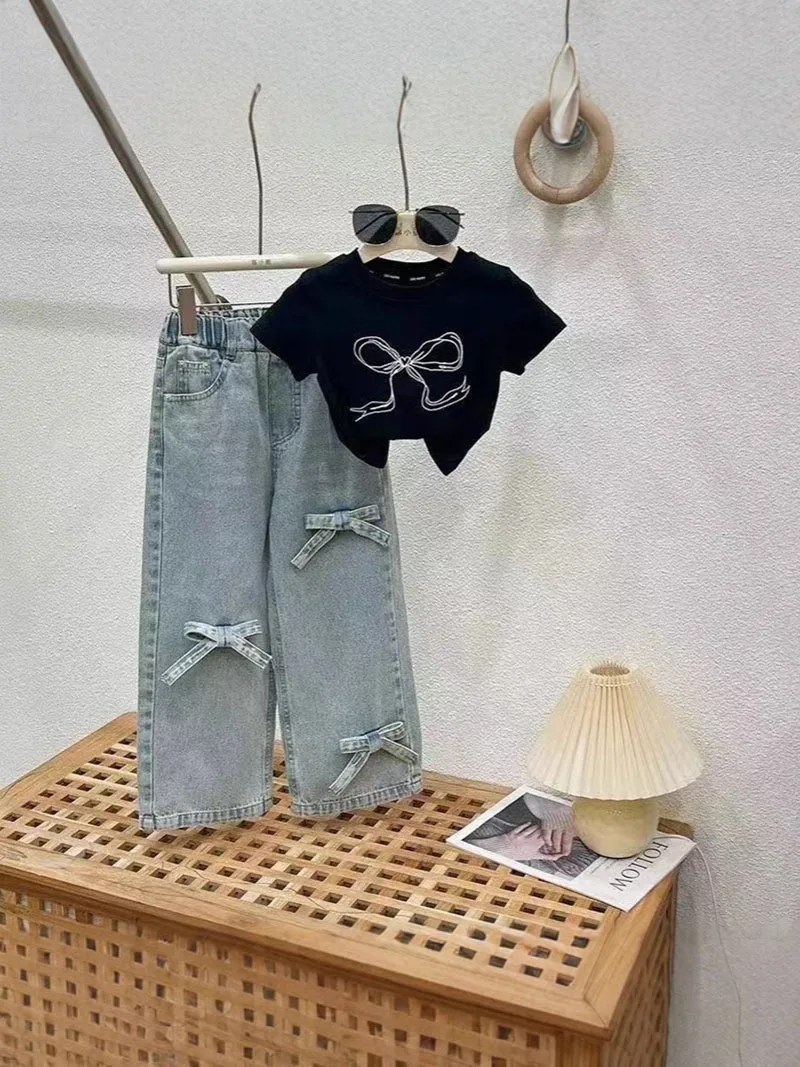 Girls Summer Cotton Clothes Set Color Blocked Top Jeans