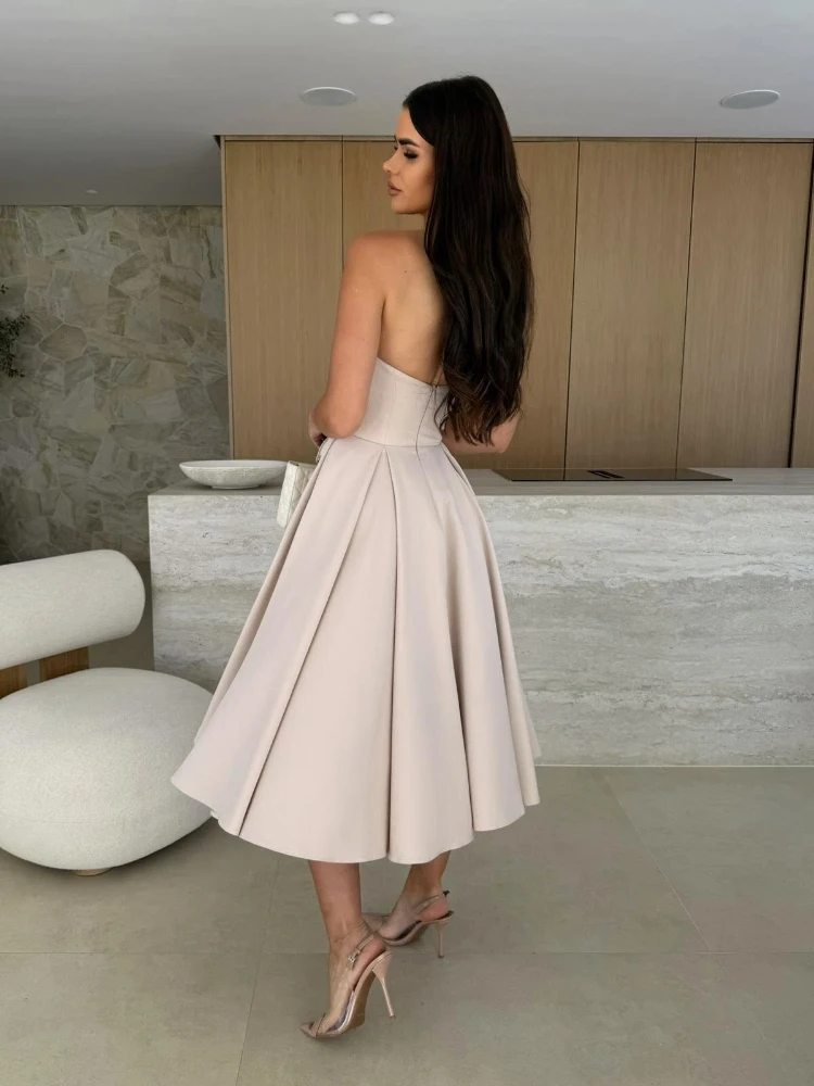 Fashionable Summer Solid Color Strapless Sleeveless Women's Backless A-line Big Hem Dress 366