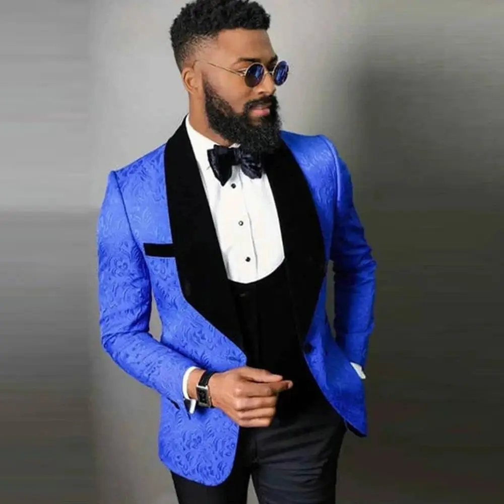 

Royal Blue Men Suits Slim Fit Groom Wedding Tuxedo Tailore-Made 3 Pieces Black Peaked Laple Velvet Blazer Vest Pants Male Dress