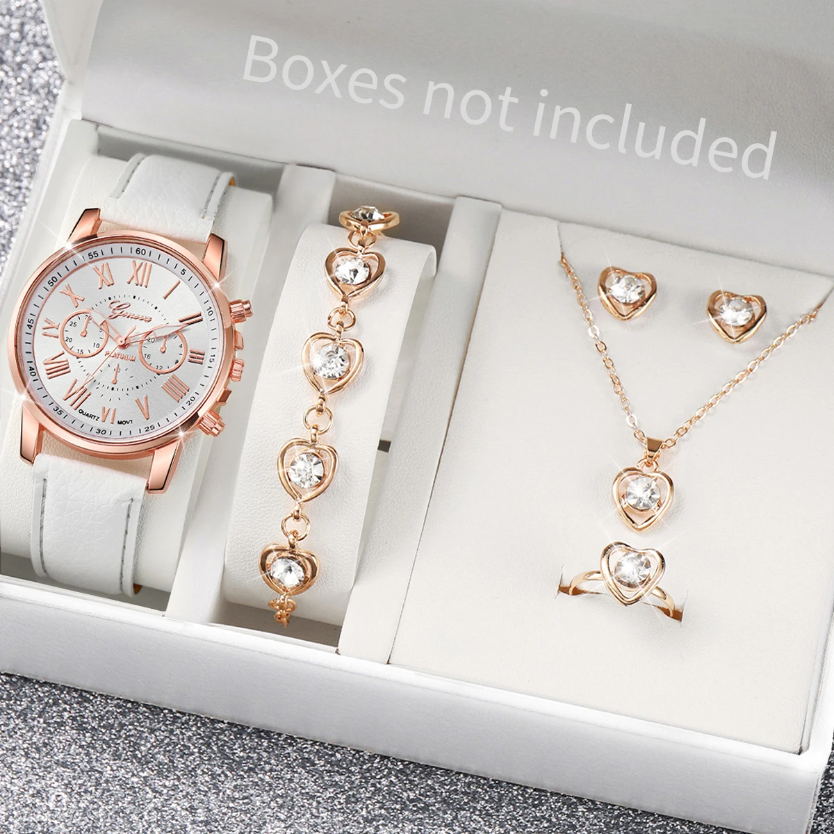 5/6PCS Fashion Women's Quartz Watch Leather Band Analog Wrist Watches Heart Rhinestone Jewelry Set(Without Box) 2