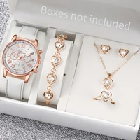 5/6PCS Fashion Women's Quartz Watch Leather Band Analog Wrist Watches Heart Rhinestone Jewelry Set(Without Box) 2