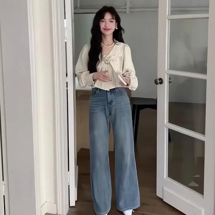 Temperament Commute Bubble Sleeve Blouse Women Lace-up Bow Stripe Solid Color Shirts Loose Elegant Blusas