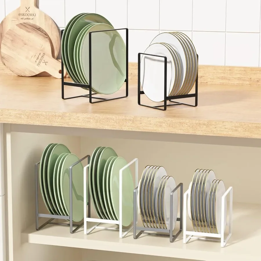2 Large 2 Small Plate Organizers Holders Upright Cabinet Dish Drying Racks Metal Plate Dish Organizers Racks Stands for Counter