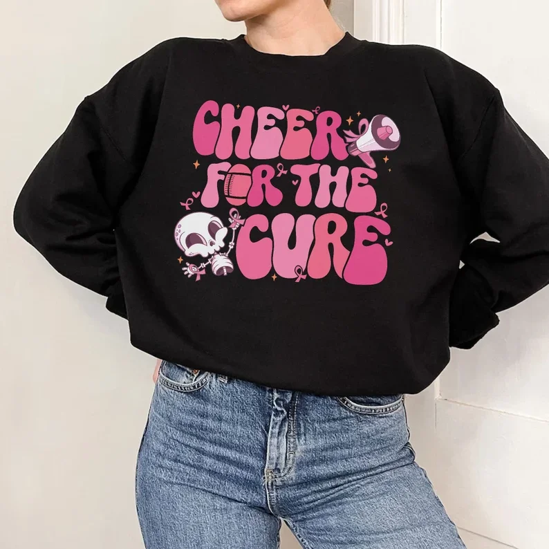 

Y2K Versatile Sweatshirt Cheer For The Cure Printed Loose Crew Neck Long Sleeve T-Shirt Fashion Casual Women's Clothing