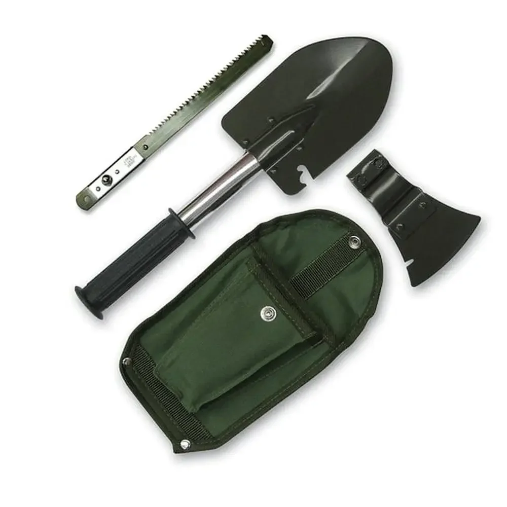 6-in-1 Survival Tool Shovel Hatchet Hammer Saw Nail Puller Can Opener Modular Handle Steel Construction Sheath Belt Loop