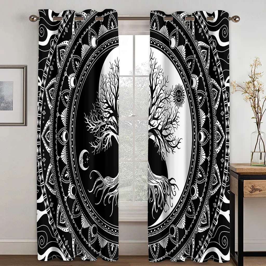 Black Tree Of Life Boho Mandola Floreale Psichedelico Tende Per Finestre Sottili Per Soggiorno Camera Da Letto Decor 2 Pezzi Spedizione Gratuita