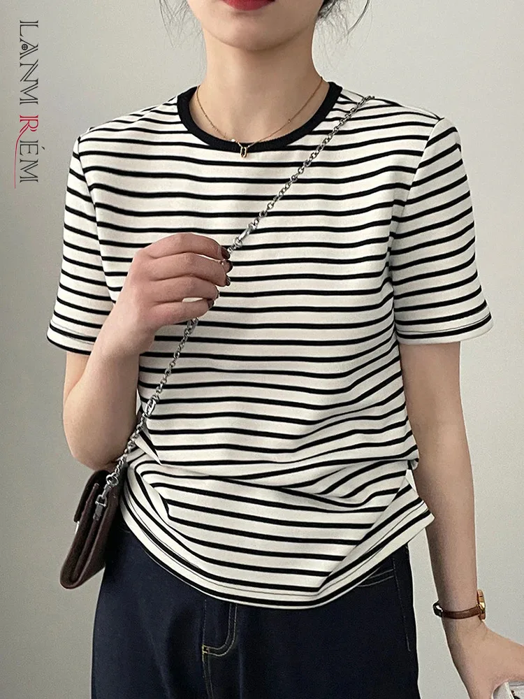 

[LANMREM] Fashion Striped Contrast Color T-shirt For Women Round Neck Short Sleeve Fit Female Tops 2024 Summer New 26D8840