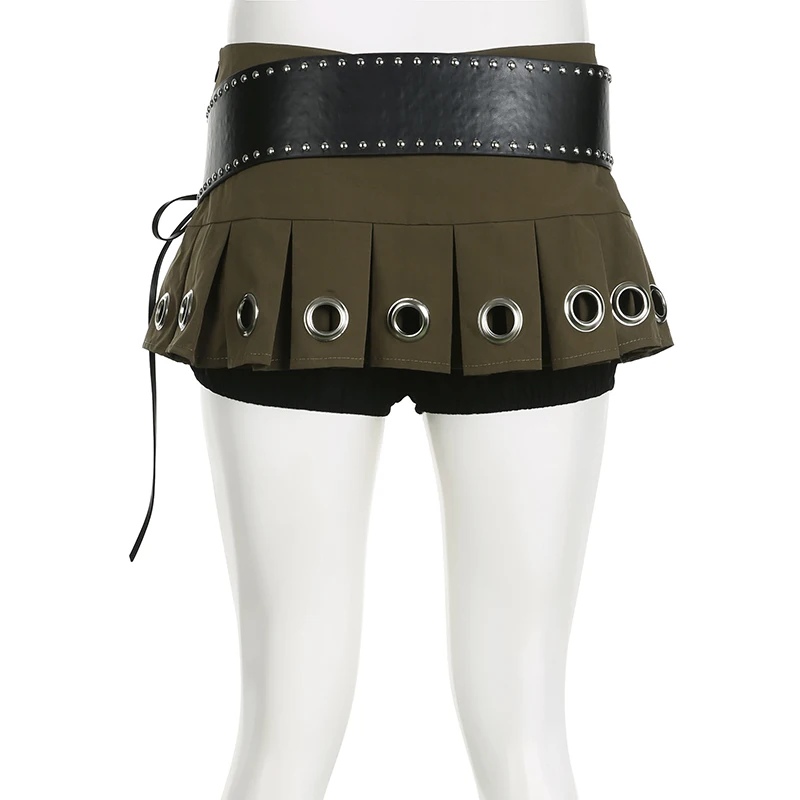 【PORTERNA】Modney Belt Short Skirt Box Pleated Short Skirts With Belt Zipper Side A-Line Low