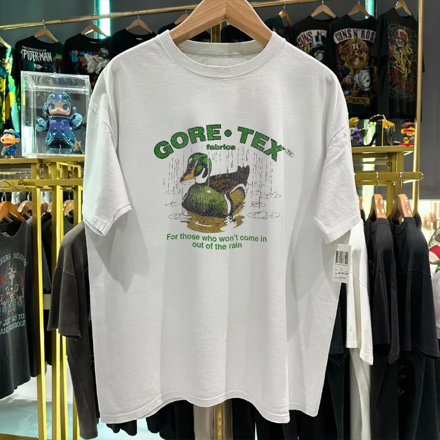 90er Jahre Gore-Tex Stoffe Promo Seltenes Gewaschenes Weißes T-Shirt Herren Sommer Baumwoll-T-Shirt, Bedrucktes Lässiges Sport-Kurzarmshirt