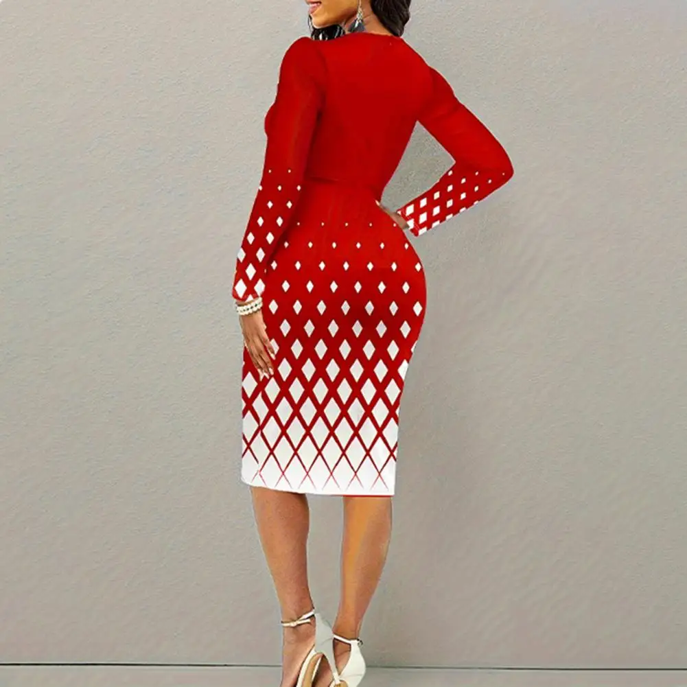 

Printed Long Sleeve Dress Printed Midi Dress Geometric Print Sheath Dress with Metal Hook Decor V Neck Detail Women's for Formal
