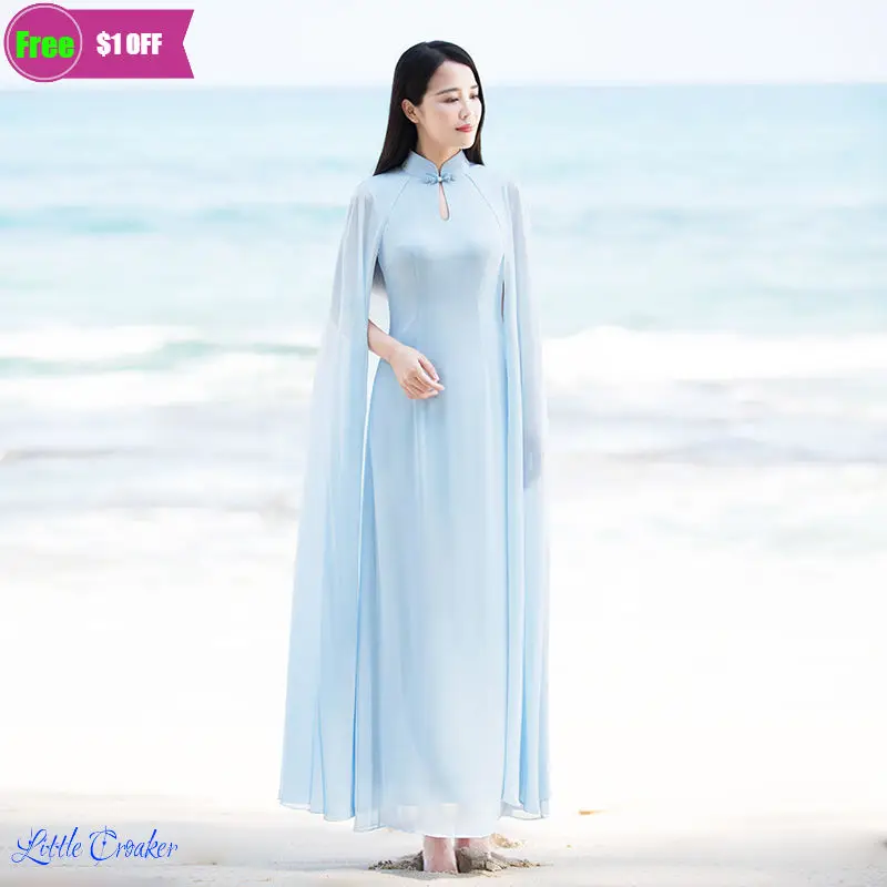 Summer Chiffon Long Cheongsam New Vintage Chinese Style Retro Hanfu White Light Blue Shawl Sleeve Hanfu Dress Modern 135 135cm russian luxury scarf women s printed floral shawl ethnic retro fringed bandana headband ukraine babushka handkerchief