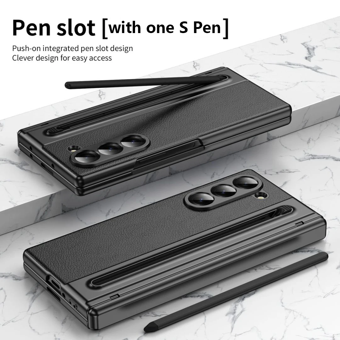 S Pen Leather Phone Case with Hinge Protection & Built-in Screen Protector
