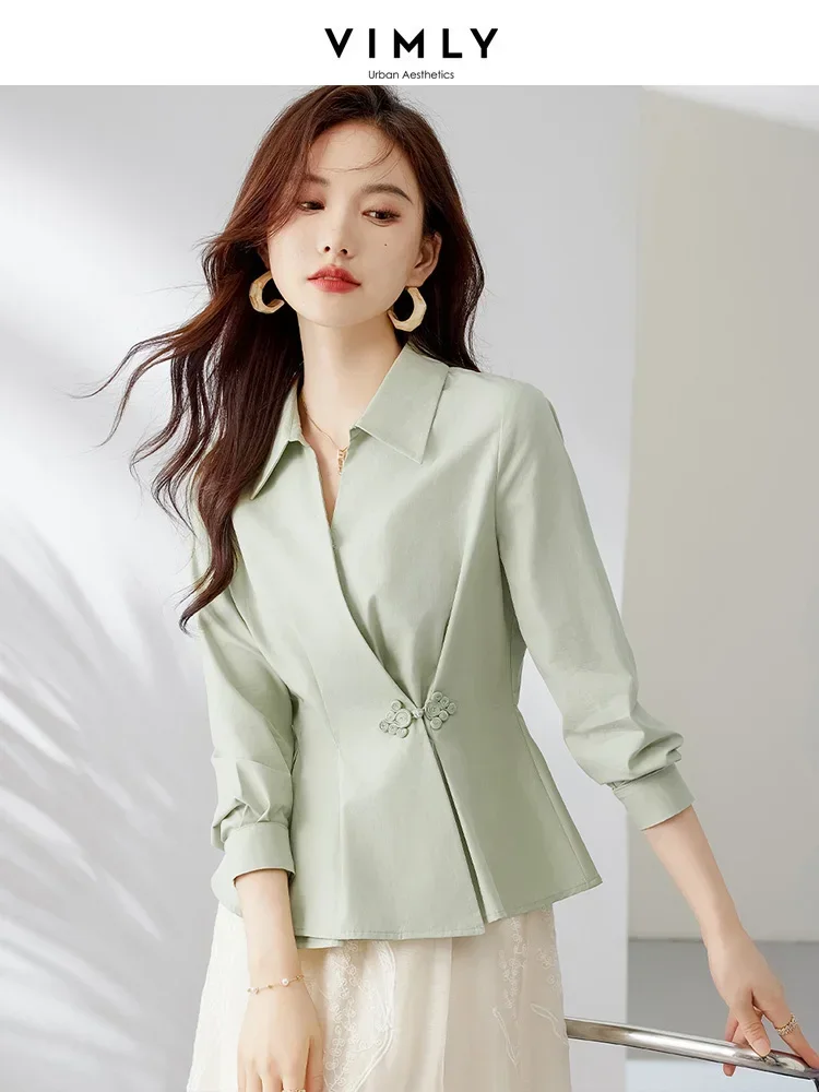 Vimly Chinese Style Autumn Women Shirt 2023 Fashion Turn Down Collar Long Sleeve Dial Buckle Office Lady Female Shirts M2556