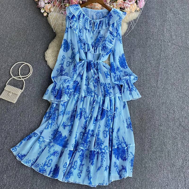 

VANOVICH French Style Tie-dyed Pleated A-line Long Dress Spring New Temperament Flare Sleeve Patchwork Ruffle O-neck Sweet Dress