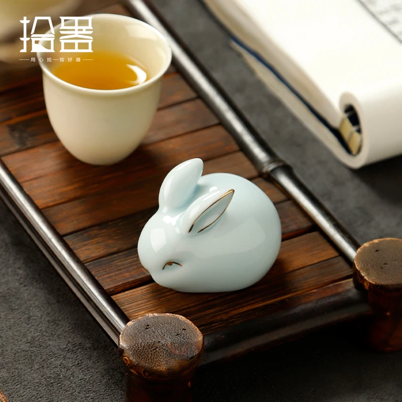 Ru Kiln open piece Jade Rabbit cute rabbit tea pet decoration piece boutique can raise ceramic tea play pen holder, tea pet ornaments