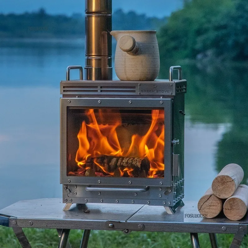 เตาผิงสแตนเลสพร้อมปล่องไฟรอง Burning เตาไม้กระจกหน้าต่าง Camping เต็นท์เตาฟืนเครื่องทําความร้อน Brazier 1