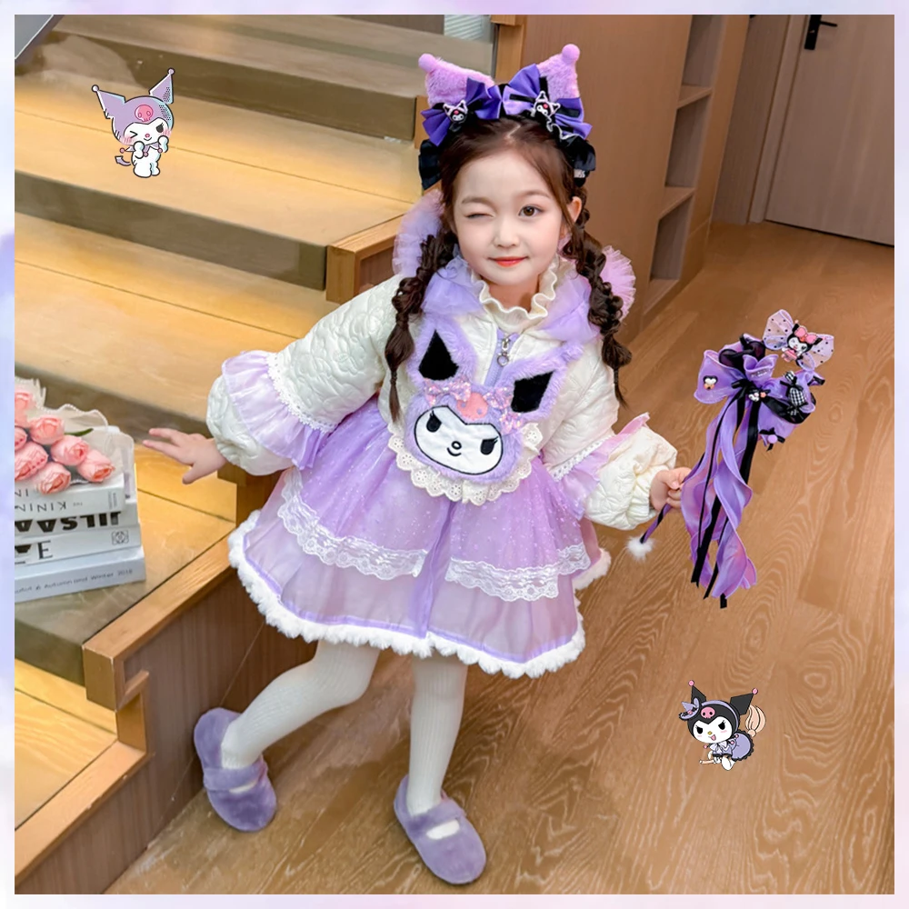 Winter Kawaii Cinnamoroll Kuromi Kids Lolita Cotton Jacket Sanrio Anime Girls Cartoon Hooded Thick Warm Zipper Coat High-Quality