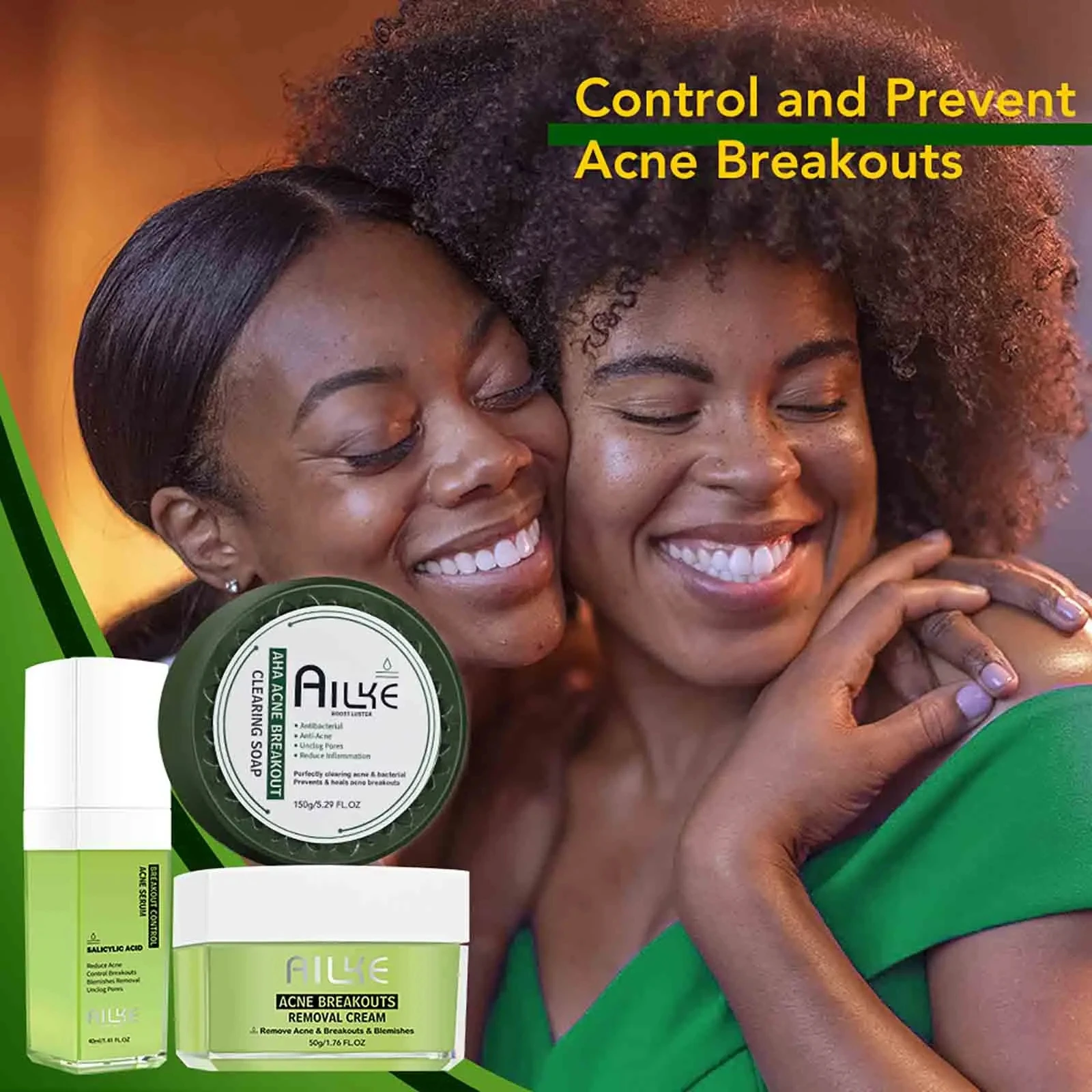 AILKE Organic Anti-Acne Cleansing Face Care Set, Smooth Skin, Remove Pimples, Spots, Prevent Breakout, for All Skin Types